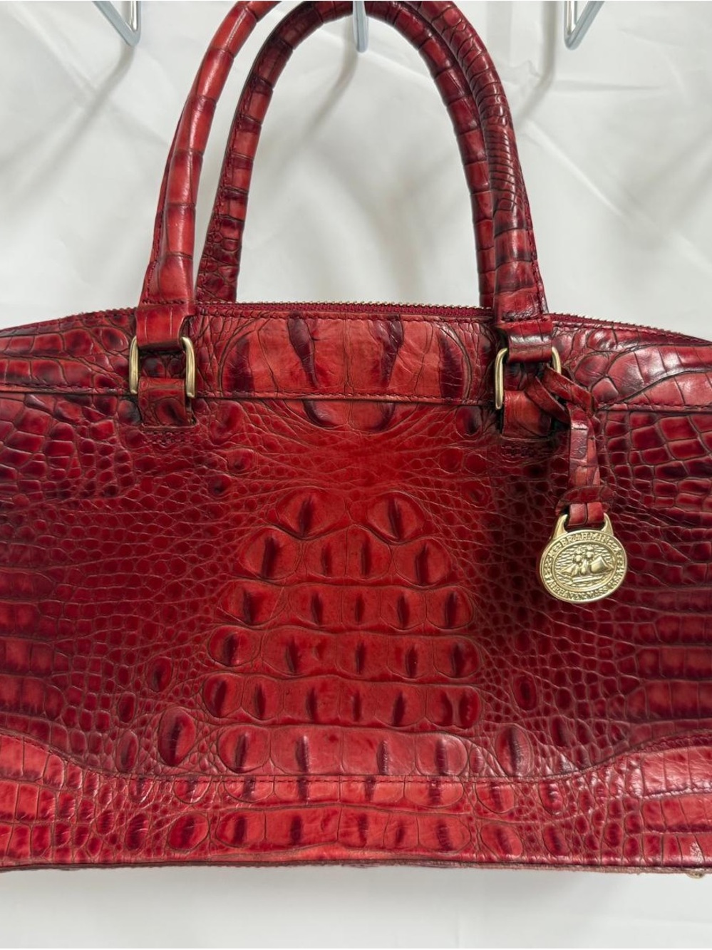 Brahmin Red Croc-Embossed Satchel with Gold Medallion